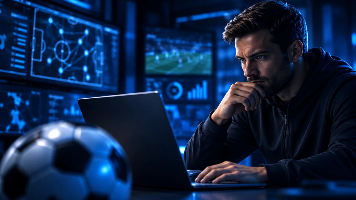 Analyste étudiant les probabilités d'un match de football sur un ordinateur