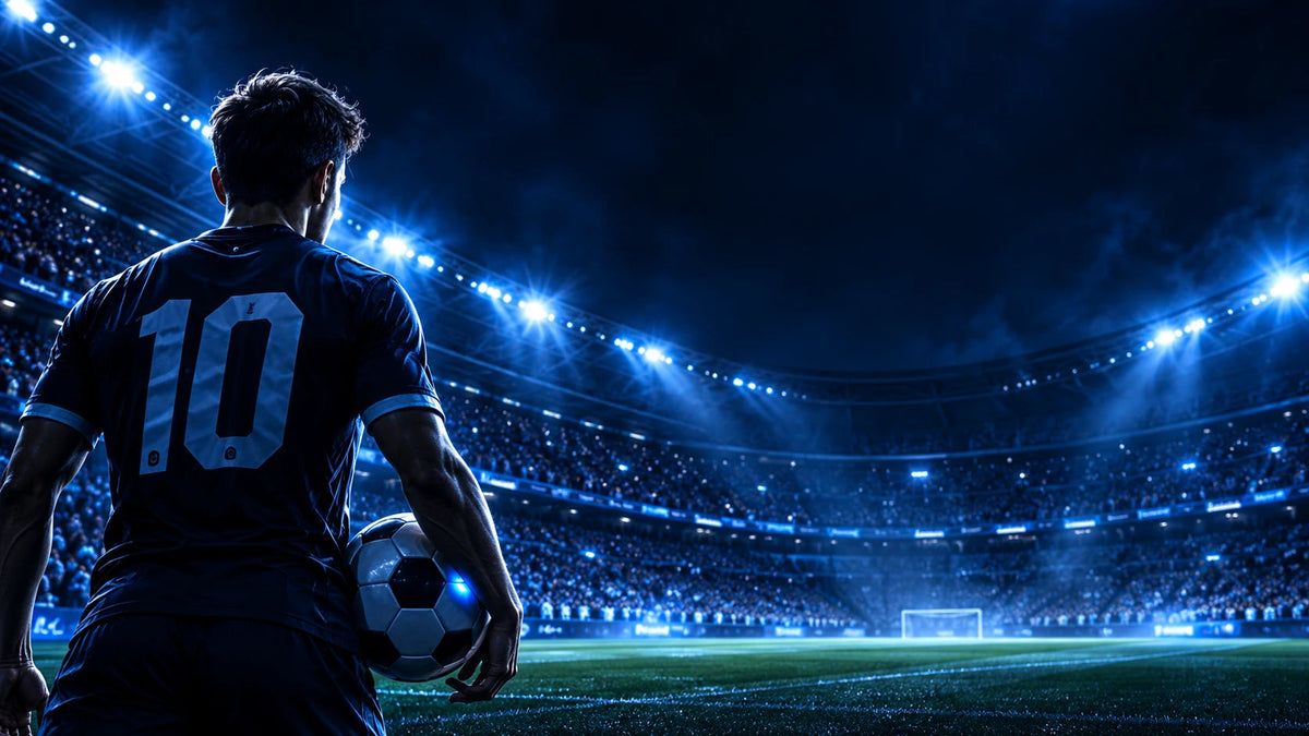 Stade de football éclairé, joueur avec le ballon avant le coup d'envoi