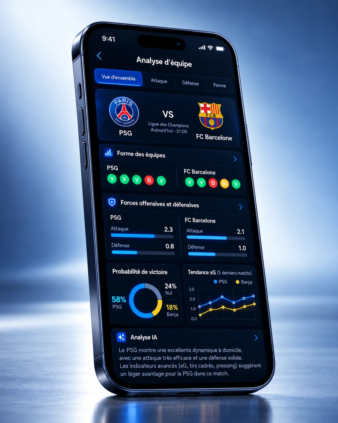 Écran Prediction AI : probabilités de victoire, de nul et de défaite (visuel d'illustration)