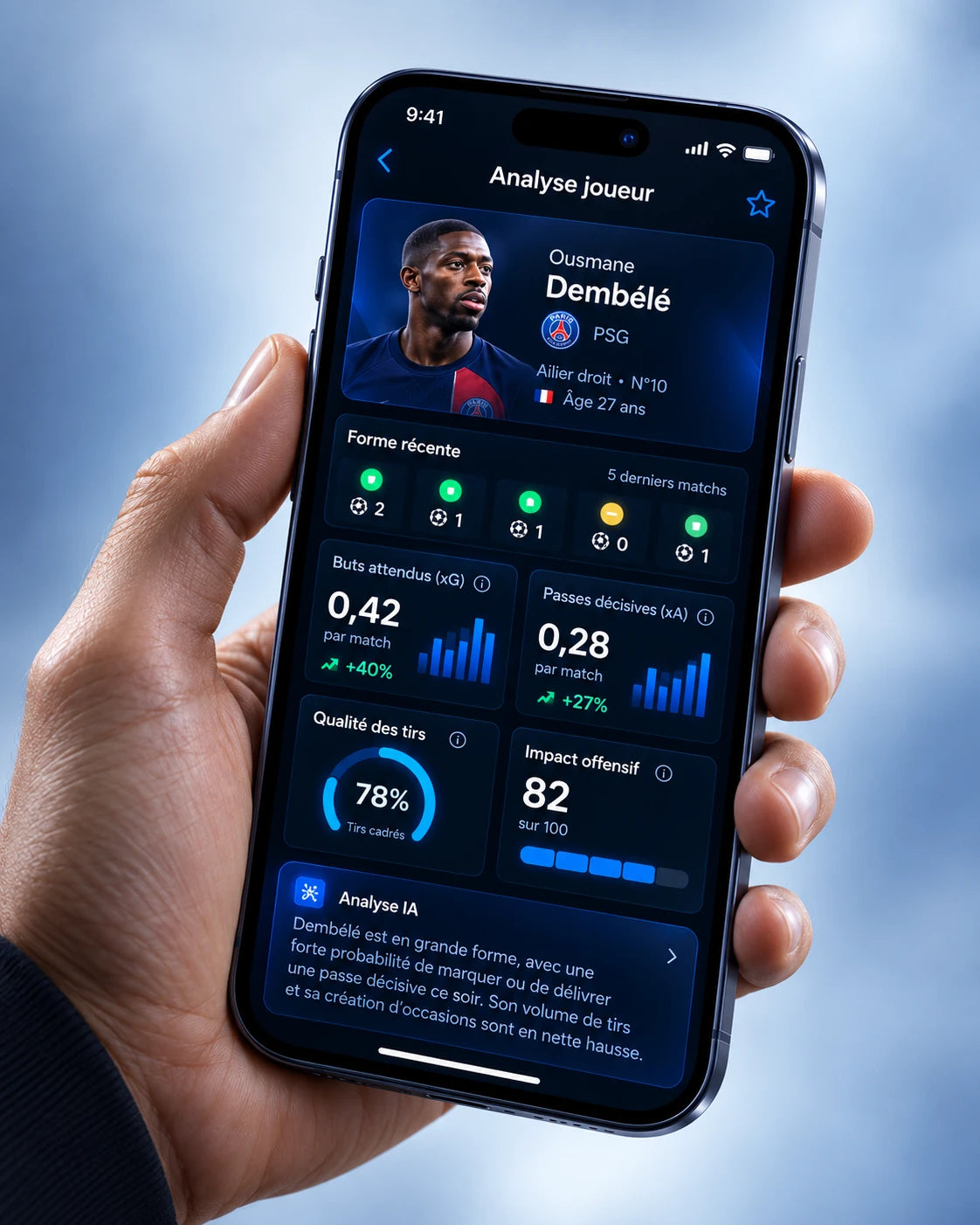 Écran Prediction AI : buts attendus (xG) et forme d'un joueur (visuel d'illustration)