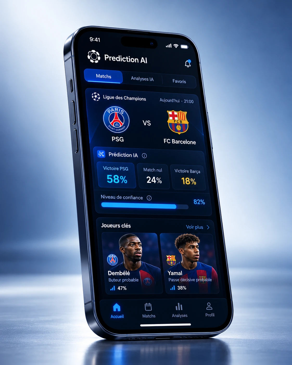 Prédiction IA d'un match et joueurs clés dans l'application Prediction AI